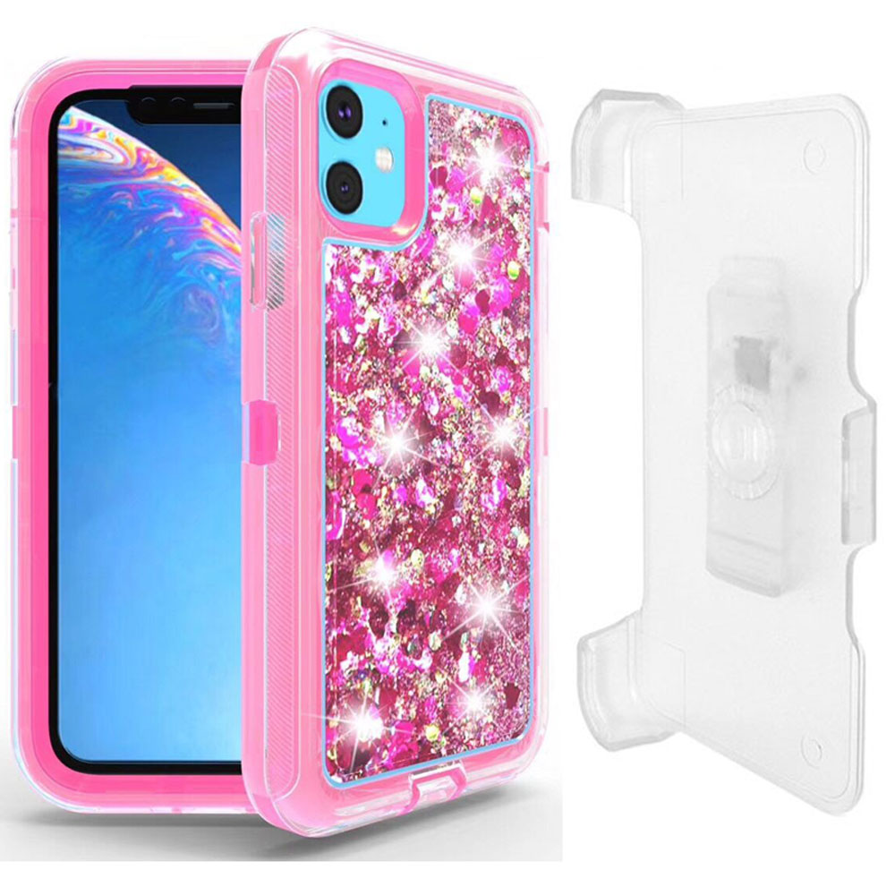iPHONE 11 (6.1in) Star Dust Clear Liquid Armor Defender Case with Clip (Hot Pink)